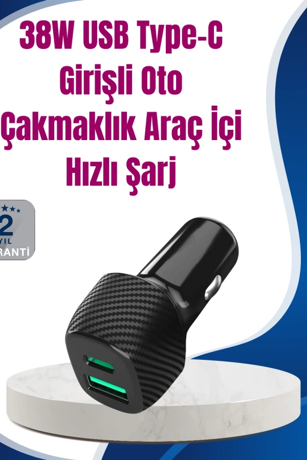 38W Çift Çıkışlı Araç Şarj Cihazı – Type-C ve USB PD Destekli