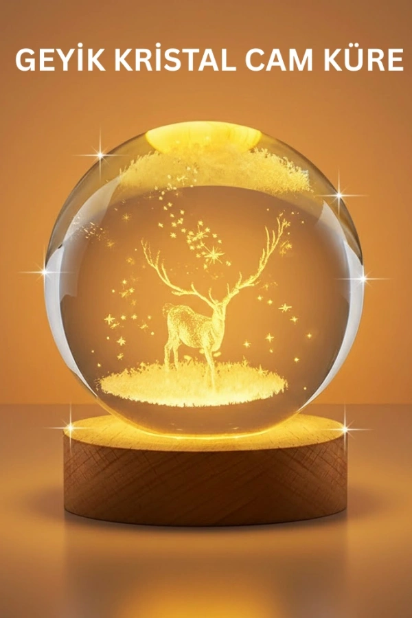 3D Geyik Desenli Kristal Küre USB Işıklı Ahşap Tabanlı Oda Lambası