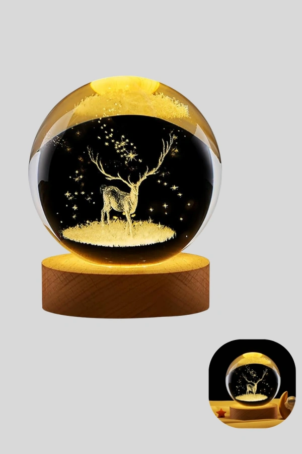 3D Geyik Desenli Kristal Küre USB Işıklı Ahşap Tabanlı Oda Lambası
