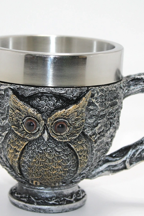 3D Kabartmalı Baykuş Büstü Paslanmaz Çelik Kupa Bardak