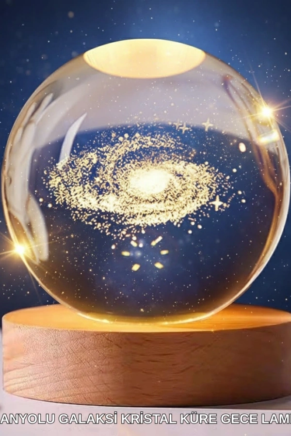 3D Lazer İşlemeli Galaksi Küre USB LED Ahşap Standlı Oda Gece Lambası