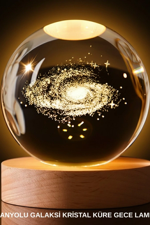 3D Samanyolu Galaksi Kristal Küre USB LED Işıklı Ahşap Standlı Gece Lambası