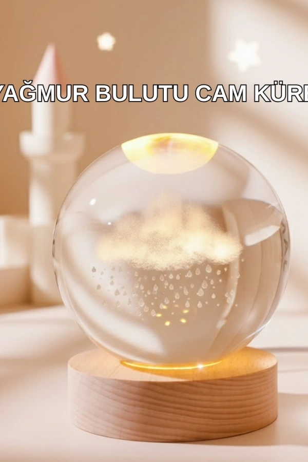 3D Yağmur Bulutu Desenli Kristal Top USB Gece Lambası Ahşap Tabanlı Dekoratif Lamba