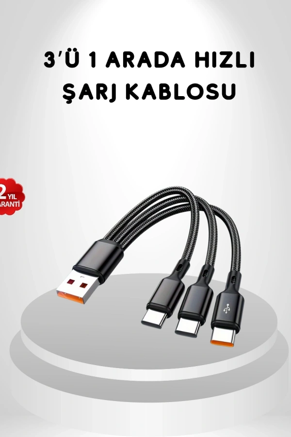 3’ü 1 Arada Hızlı Şarj Kablosu iOS Android Type-C Uyumlu ve Dayanıklı