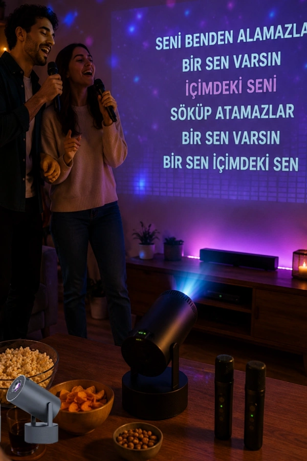 3ü 1 Arada Karaoke ve Projeksiyon Sistemi Çift Mikrofon Destekli