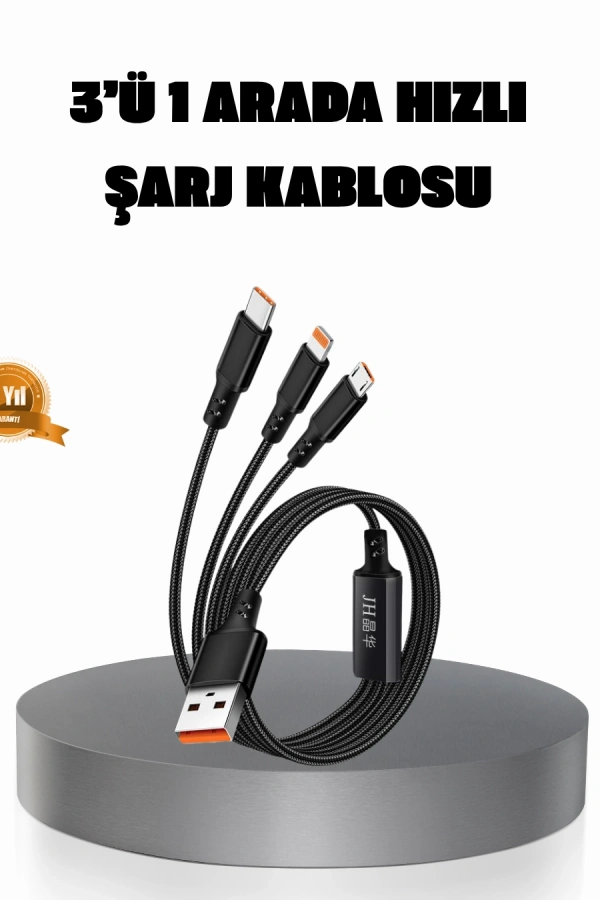 3’ü 1 Arada Şarj Kablosu Type-C iOS Android Uyumlu Hızlı ve Güvenli Şarj