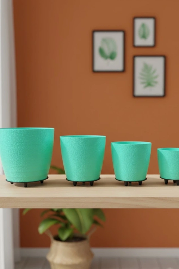 4’lü 3D Yeşil Dekoratif Vazo Seti Modern Ayaklı Şık Saksı Takımı