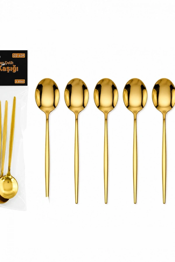 6 Parça Tatlı Kaşığı Seti - Gold Renk - Paslanmaz Çelik