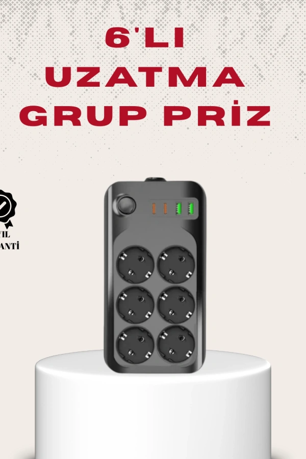 6’lı Grup Priz Termal Korumalı USB Type-C Çoklu Priz 2 Metre Kablo