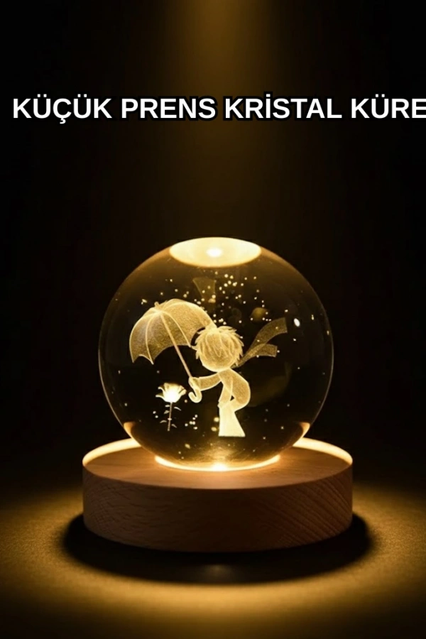 8 cm Küçük Prens 3D Kristal Küre USB Işıklı Ahşap Altlıklı Dekoratif Lamba