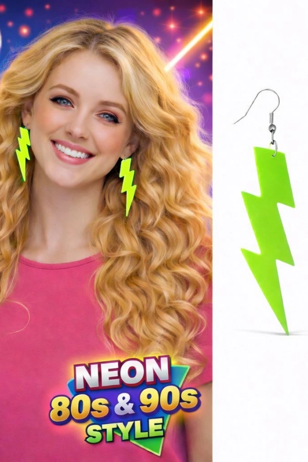 80’ler 90lar Retro Neon Yeşil Şimşek Küpe 10 cm