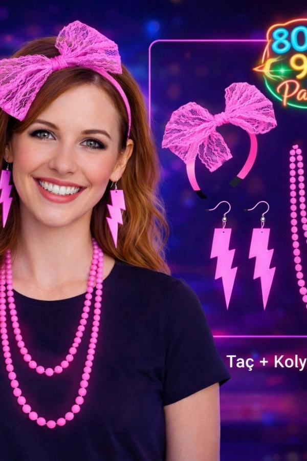 80’ler 90’lar Neon Pembe Parti Seti – Kolye Küpe Taç