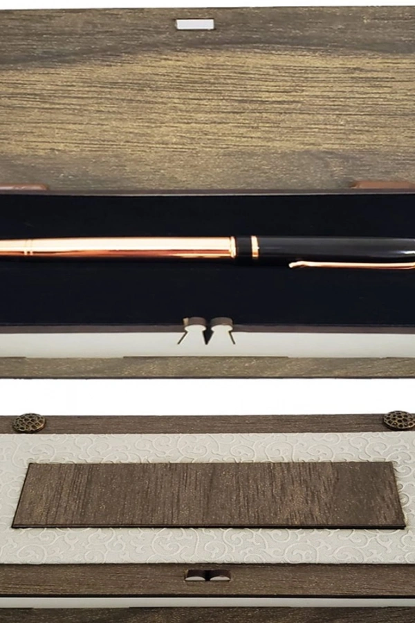 Ahşap Deri Kutulu Bakır Rengi Roller Kalem