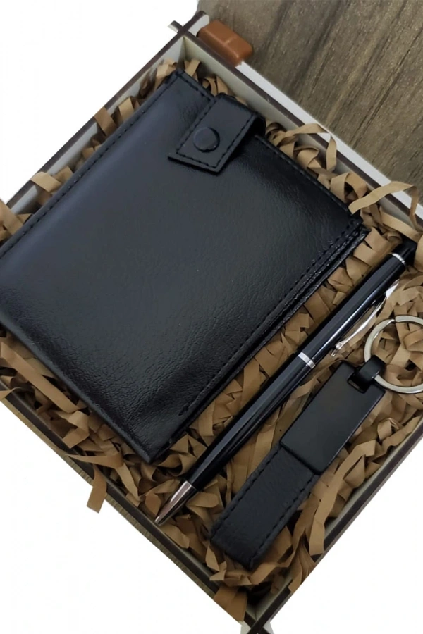 Ahşap Deri Kutulu Siyah Renk 3lü Hediye Seti - Kalem, Cüzdan, Anahtar