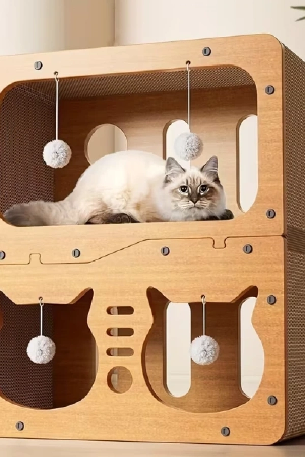 Ahşap İki Katlı Tırmalamalı Kedi Oyun Evi