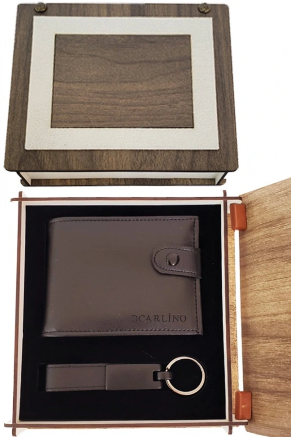 Ahşap Kutulu Deri Cüzdan Ve Anahtarlık Seti