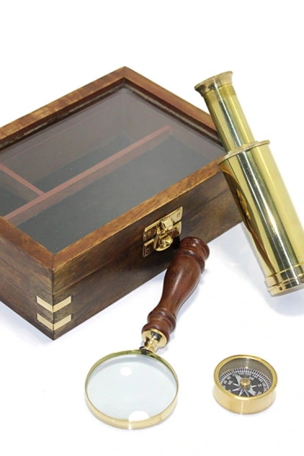 Ahşap Kutulu Pirinç Pusula Dürbün Ve Büyüteç Seti