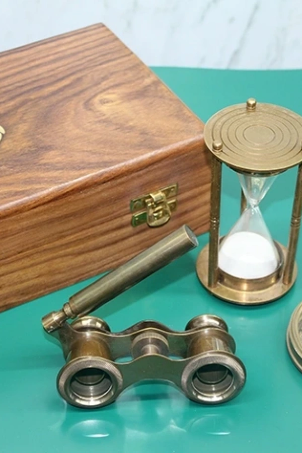 Ahşap Kutulu Pirinç Pusula, Kum Saati, Dürbün Seti