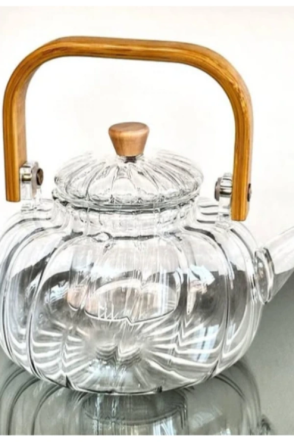 Ahşap Saplı Cam Çizgili Demlik