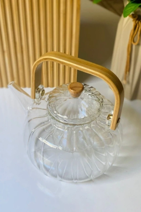 Ahşap Saplı Cam Çizgili Demlik