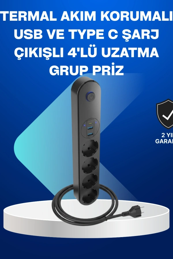 Akıllı Akım Dengelemeli 4’lü Çoklu Priz Type-C ve USB Çıkışlı