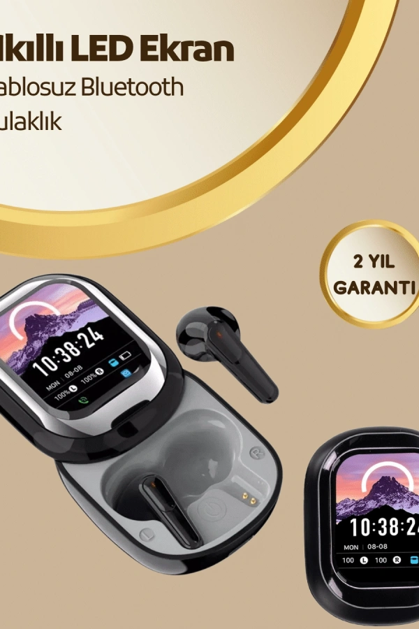 Akıllı Ekranlı Bluetooth 5.4 Kablosuz Kulaklık – Dokunmatik ve Şarj Kutulu