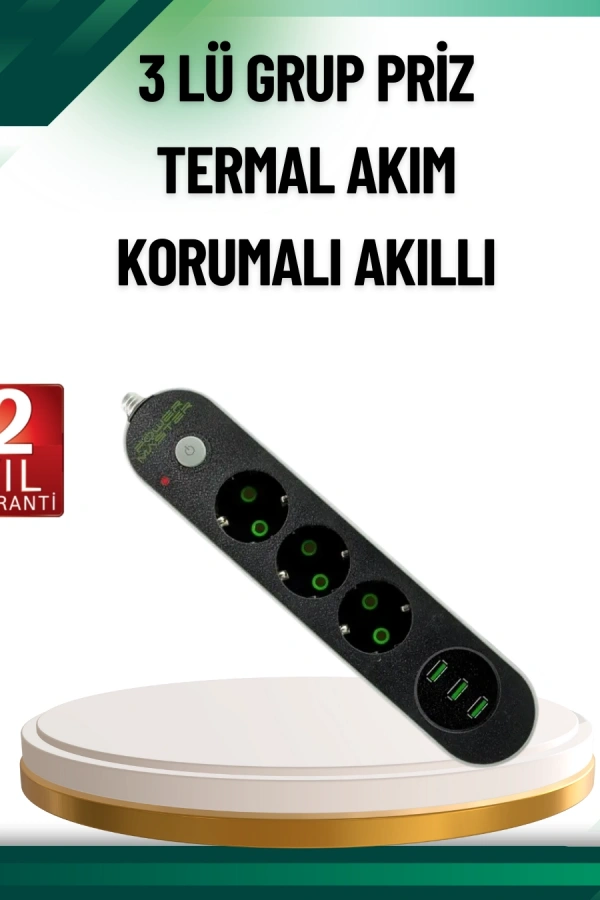 Akım Korumalı Anahtarlı USB Girişli Üçlü Priz