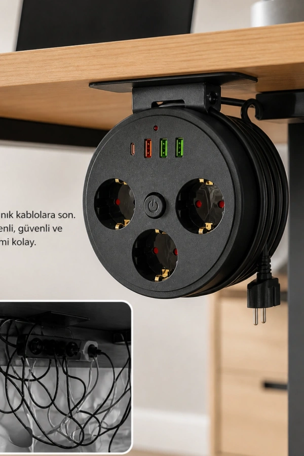 Akım Korumalı Priz USB ve Type C Girişli 3lü Priz 2 Metre Kablo Dayanıklı
