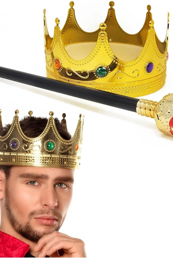 Altın Kral Tacı ve Kırmızı Topuzlu Asası Seti