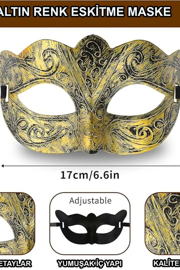 Altın Renk Eskitme Balo Maskesi – Venedik Tarzı Parti Maskesi