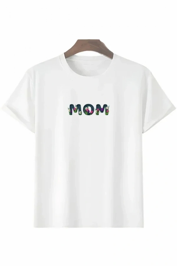 Anneler Günü Hediye Mom Çiçek Baskılı Oversize Bisiklet Yaka T-shirt - Beyaz