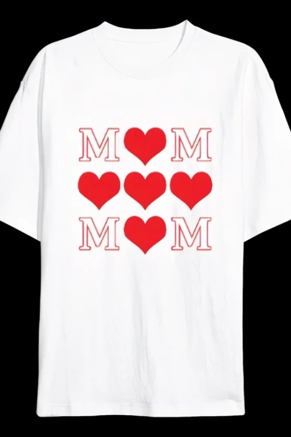 Anneler Günü Hediye MOM Kalp Baskılı Oversize Bisiklet Yaka T-shirt - Beyaz