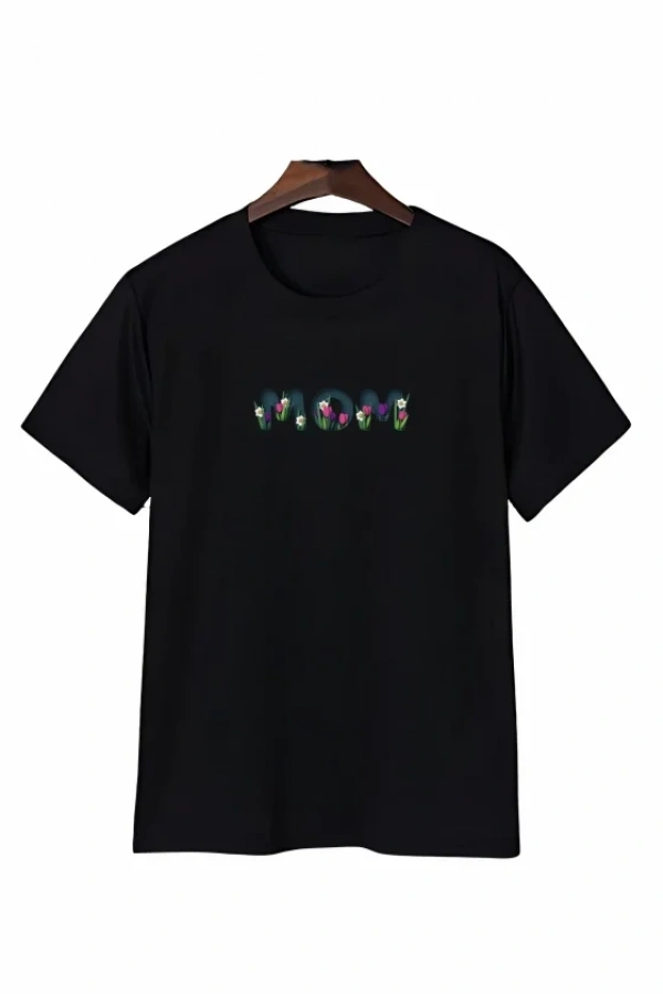 Anneler Günü Mom Çiçek Temalı Baskılı Oversize Bisiklet Yaka T-shirt - Siyah