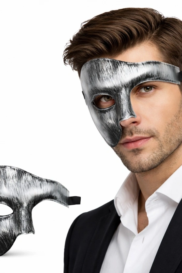 Antik Eskitme Gümüş Erkek Yarım Maske - Phantom & Balo Maskesi