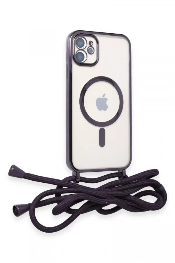 Apple iPhone 11 Kılıf Divo Lazer Askılı Magsafe Kapak - Derin Mor
