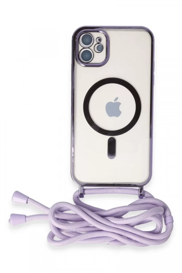 Apple iPhone 11 Kılıf Divo Lazer Askılı Magsafe Kapak - Lila