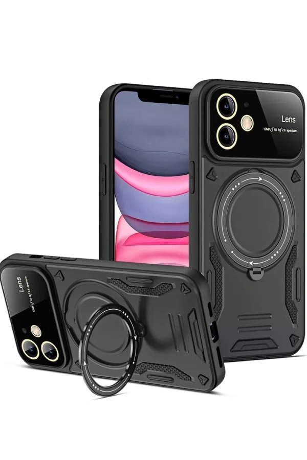 Apple iPhone 11 Kılıf Joy Lens Standlı Kapak - Siyah