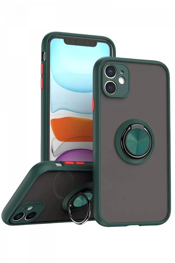 Apple iPhone 11 Kılıf Montreal Yüzüklü Silikon Kapak - Yeşil