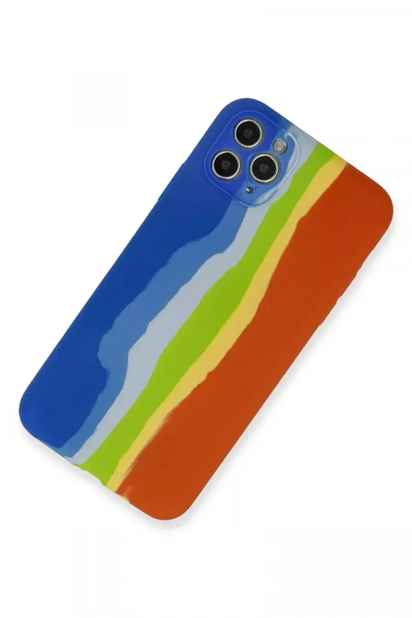 Apple iPhone 11 Pro Kılıf Ebruli Lansman Silikon - Mavi-Turuncu