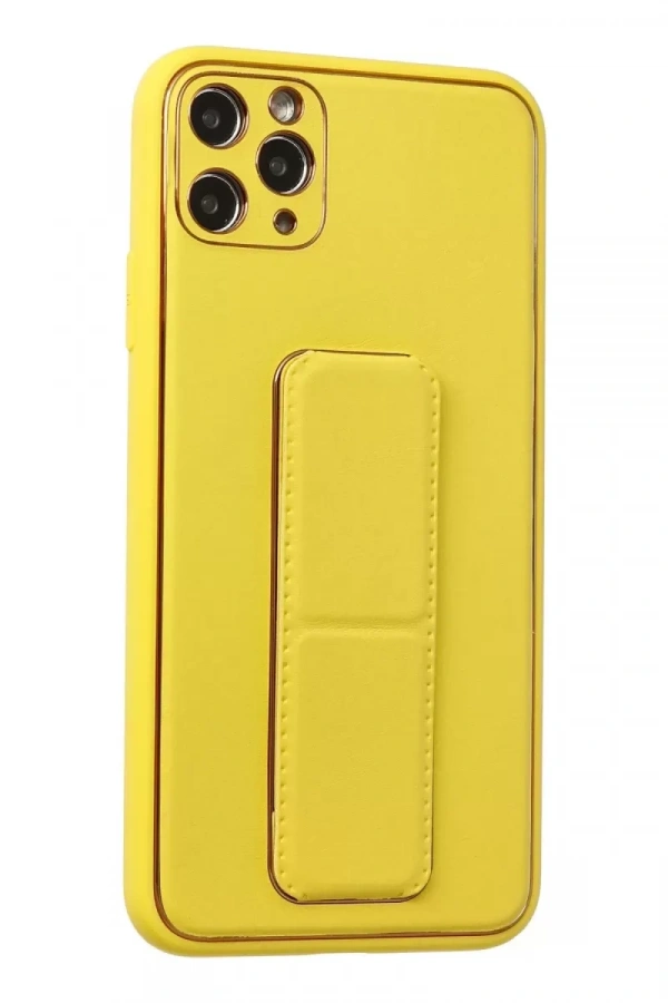 Apple iPhone 11 Pro Max Kılıf Coco Deri Standlı Kapak - Sarı