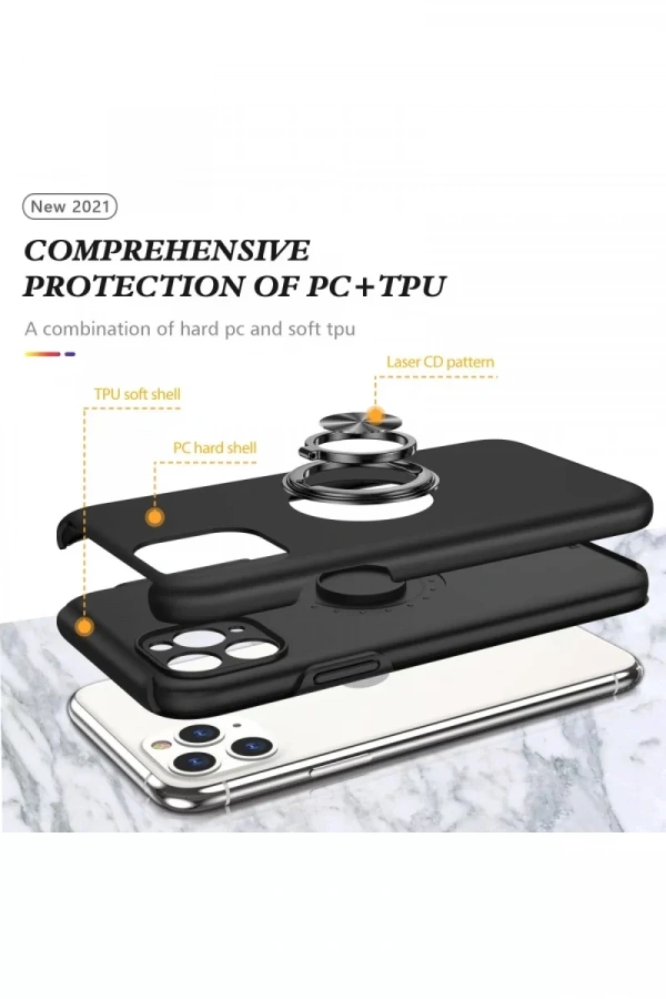 Apple iPhone 11 Pro Max Kılıf Elit Yüzüklü Kapak - Siyah