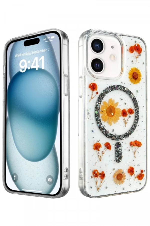 Apple iPhone 12 Kılıf Daisy Simli Magsafe Kapak - Siyah