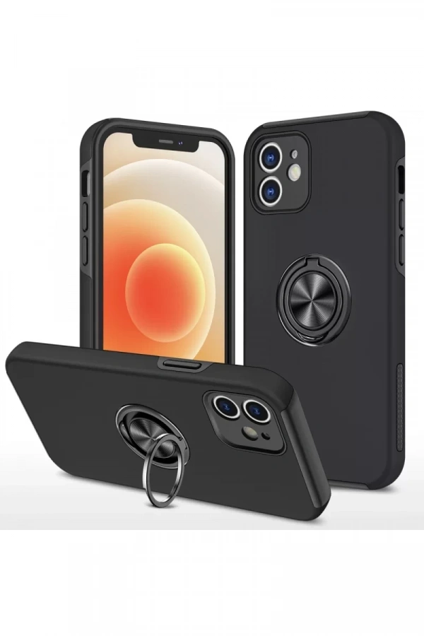 Apple iPhone 12 Mini Kılıf Elit Yüzüklü Kapak - Siyah