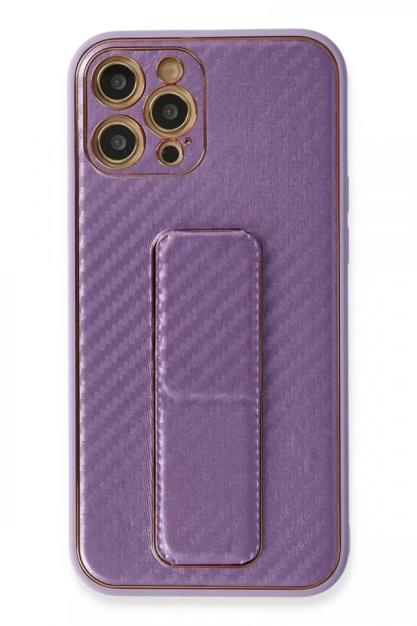 Apple iPhone 12 Pro Kılıf Coco Karbon Standlı Kapak - Mor