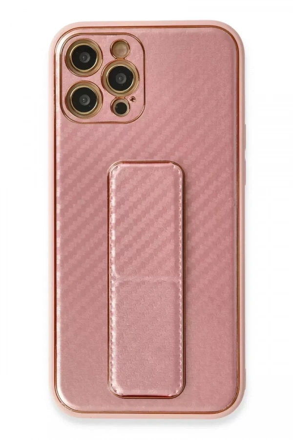 Apple iPhone 12 Pro Kılıf Coco Karbon Standlı Kapak - Pembe