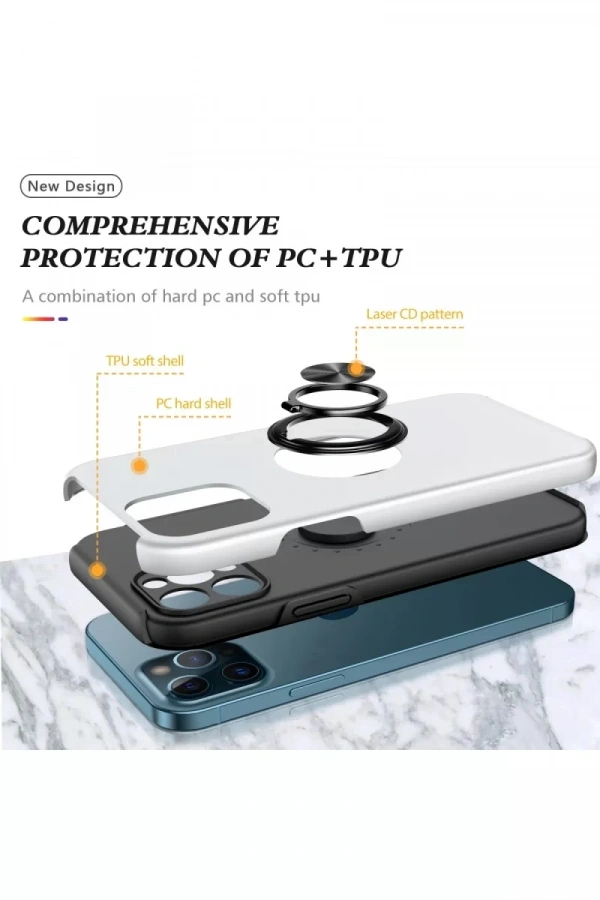 Apple iPhone 12 Pro Kılıf Elit Yüzüklü Kapak - Gümüş