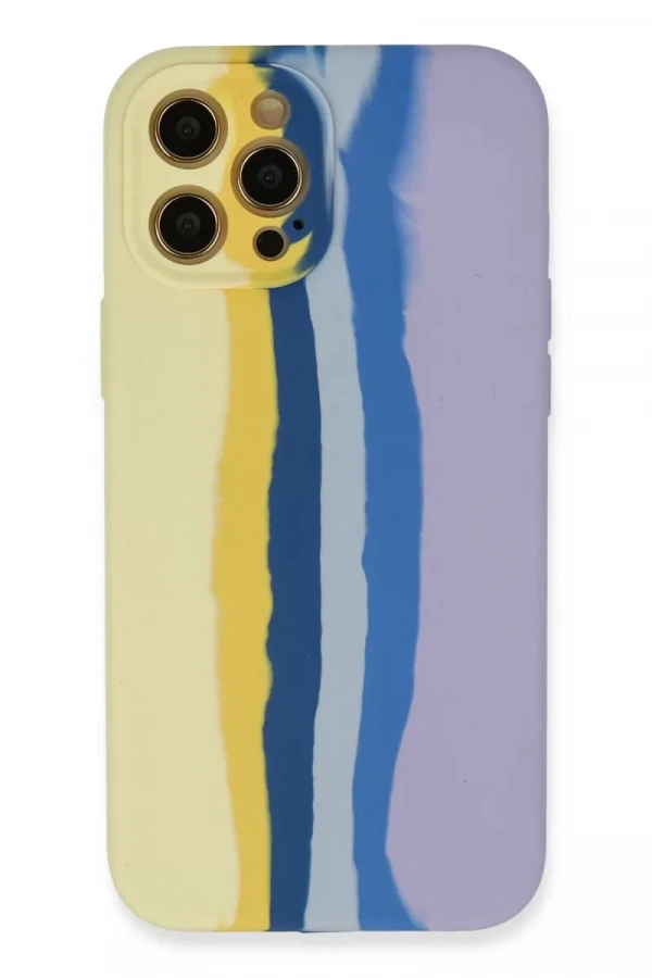 Apple iPhone 12 Pro Max Kılıf Ebruli Lansman Silikon - Sarı-Lila
