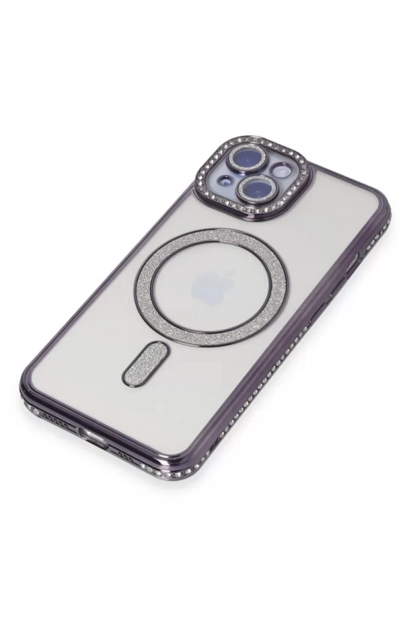 Apple iPhone 13 Kılıf Joke Simli Magneticsafe Kılıf - Derin Mor