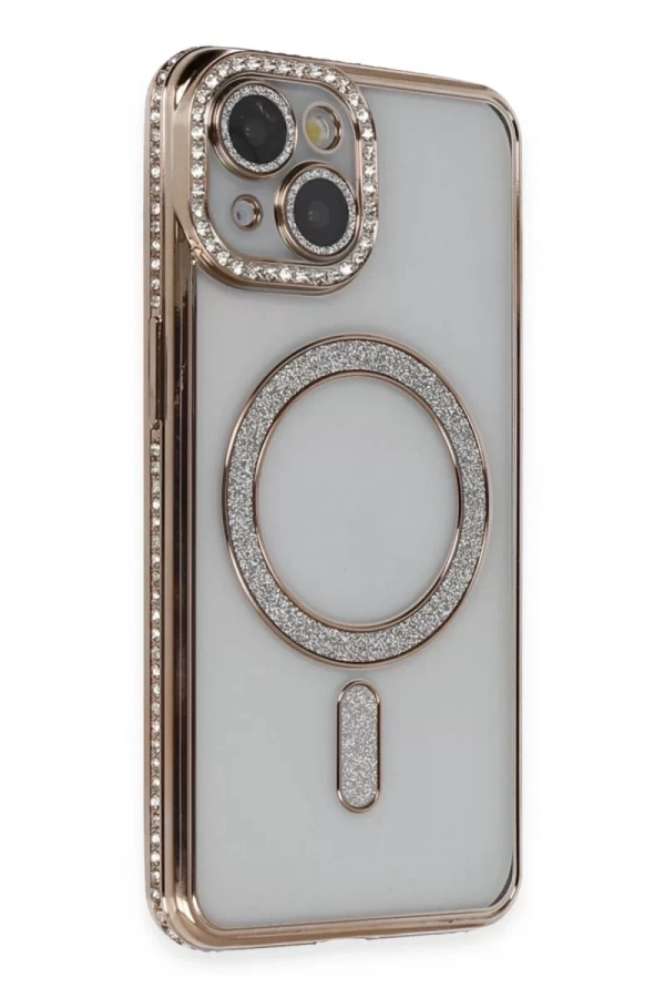 Apple iPhone 13 Kılıf Joke Simli Magneticsafe Kılıf - Gold