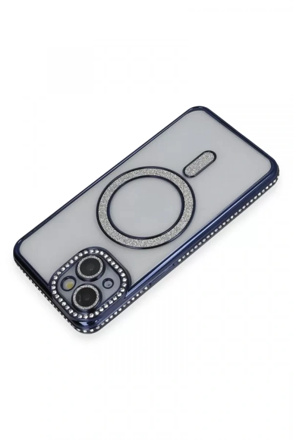 Apple iPhone 13 Kılıf Joke Simli Magneticsafe Kılıf - Lacivert